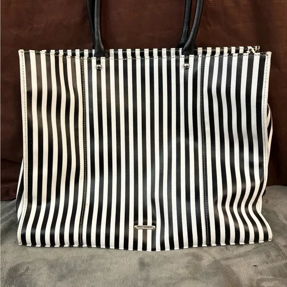 Rebecca Minkoff MAB Tote Black White Stripe Canvas Leather Handles - Picture 3 of 10